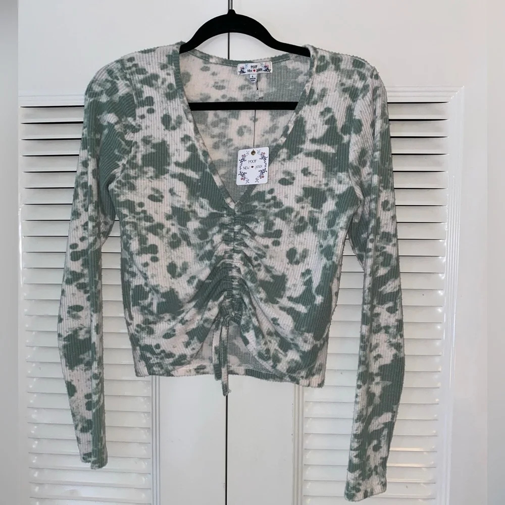 Poof crop ripped long sleeve drawstring top